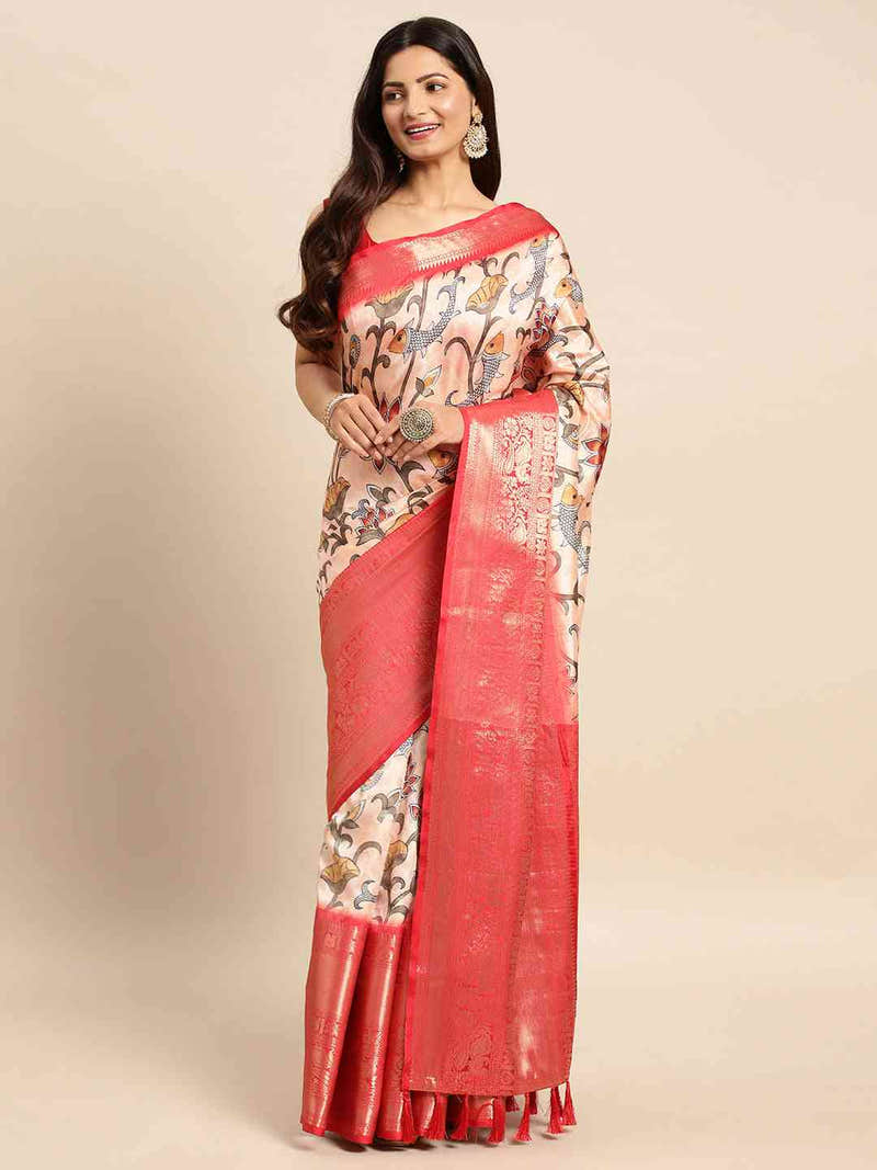 Ivory Subtle Kalamkari Pattu Banarasi Saree