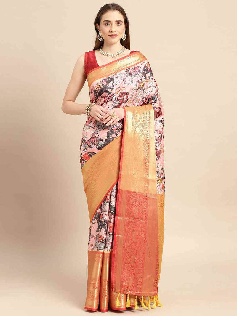 Ivory Gold Orange Kalamkari Banarasi Saree