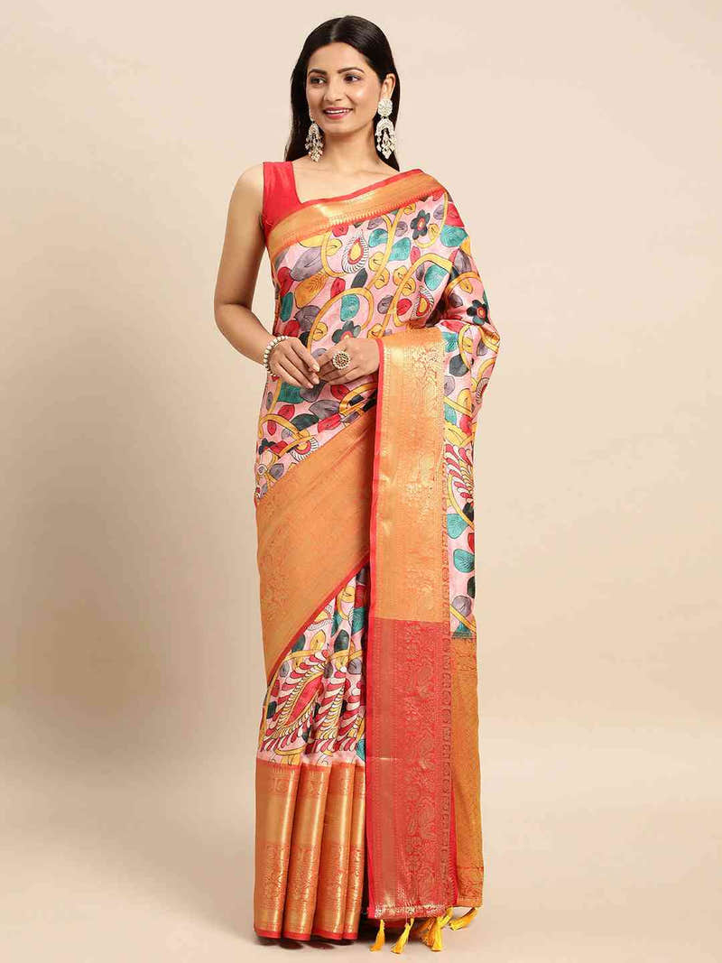 Exquisite Orange Colour Kalamkari Pattu Banarasi Silk Saree