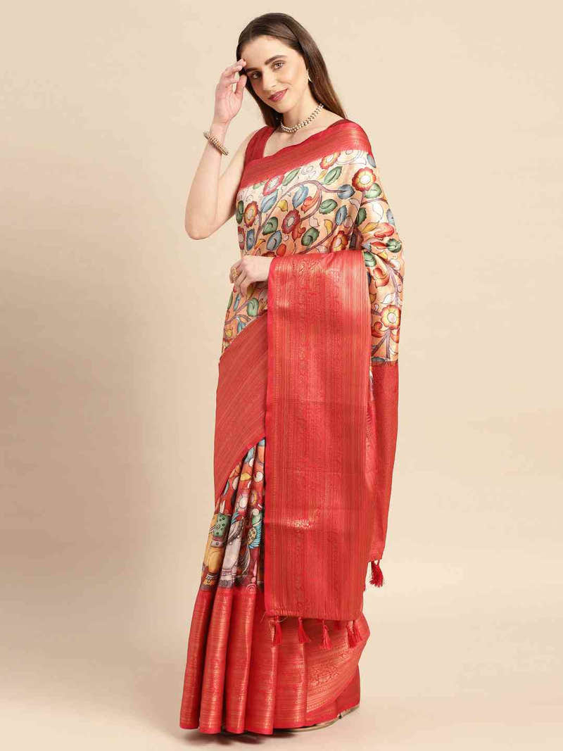 Grey Ivory Pale Kalamkari Banarasi Saree