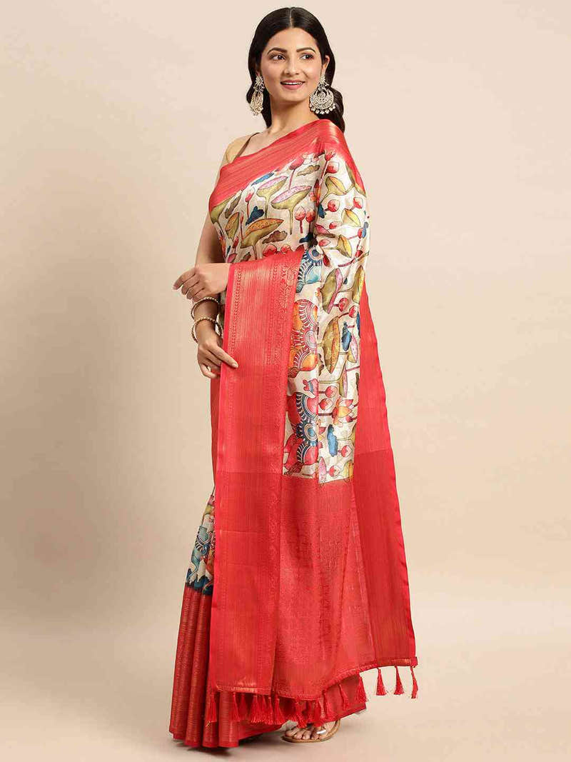 Cream Floral Kalamkari Pattu Banarasi Saree