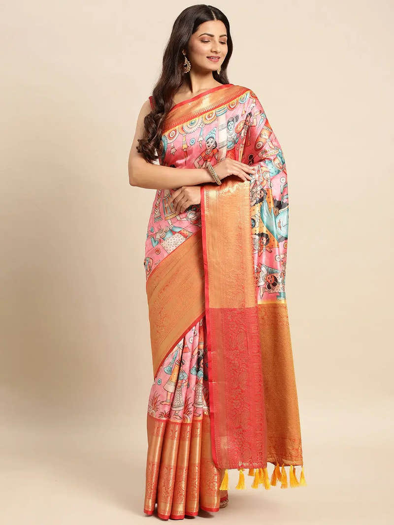 Pastel Gold Kalamkari Pattu Banarasi Saree