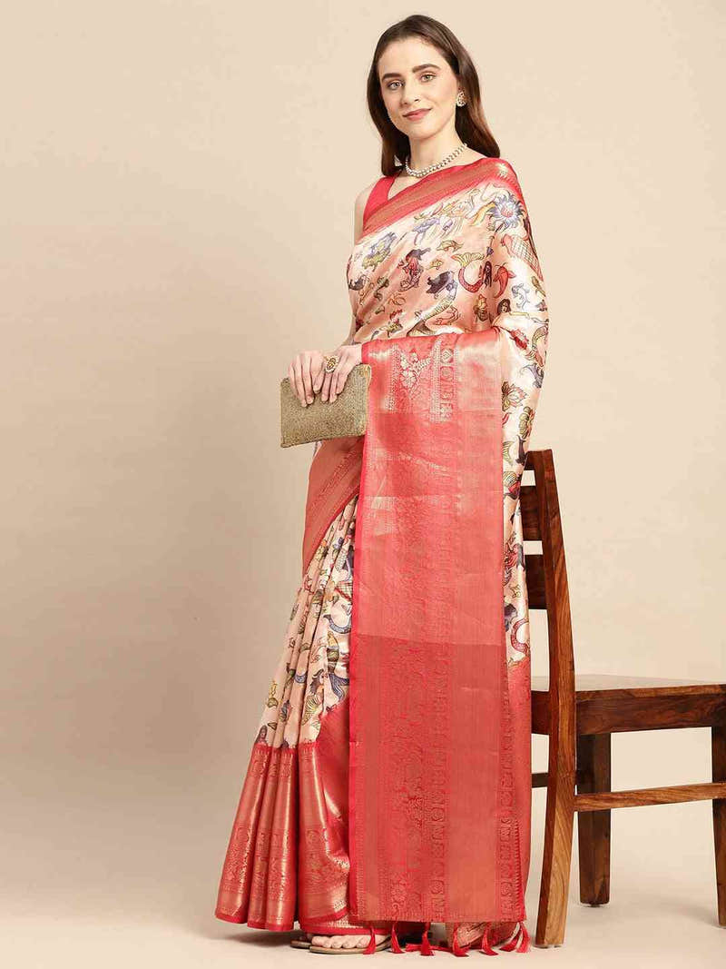 Pale Peach Kalamkari Pattu Banarasi Saree