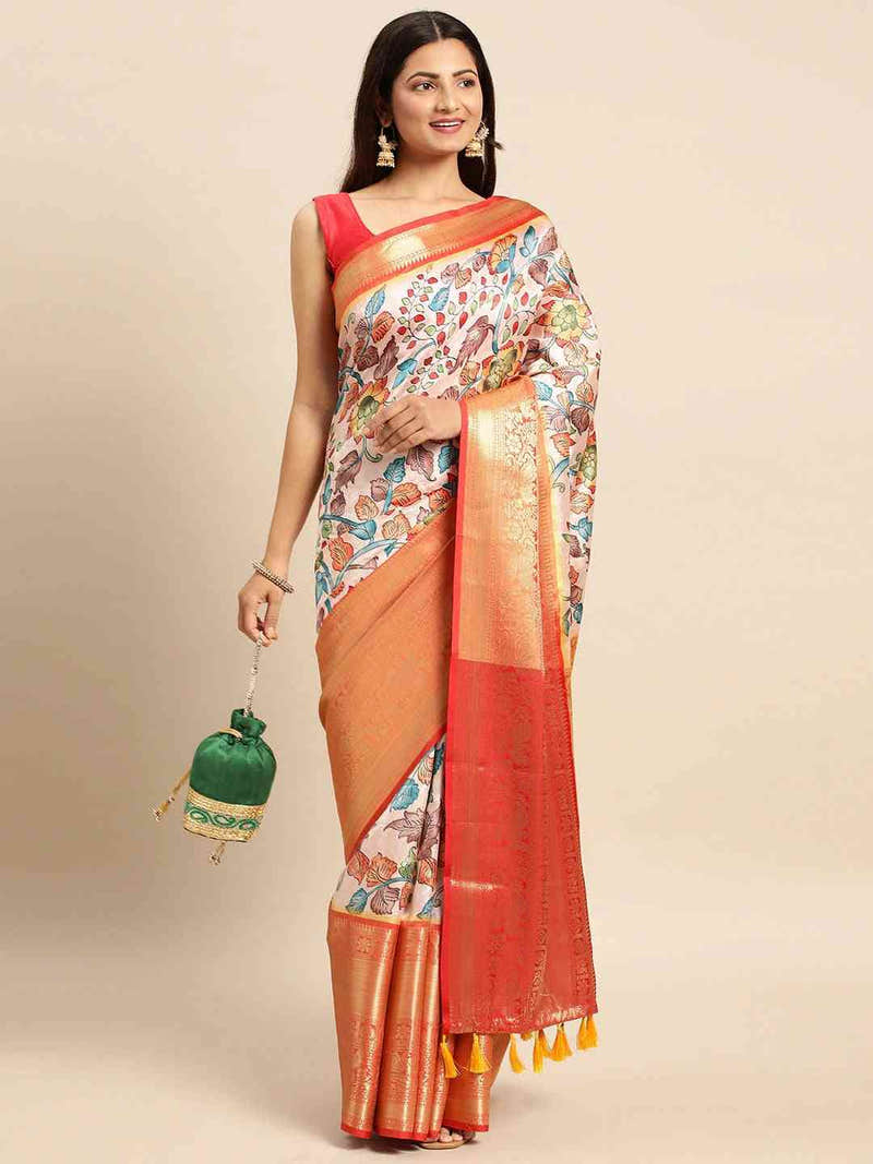 Ivory Gold Border Kalamkari Banarasi Saree