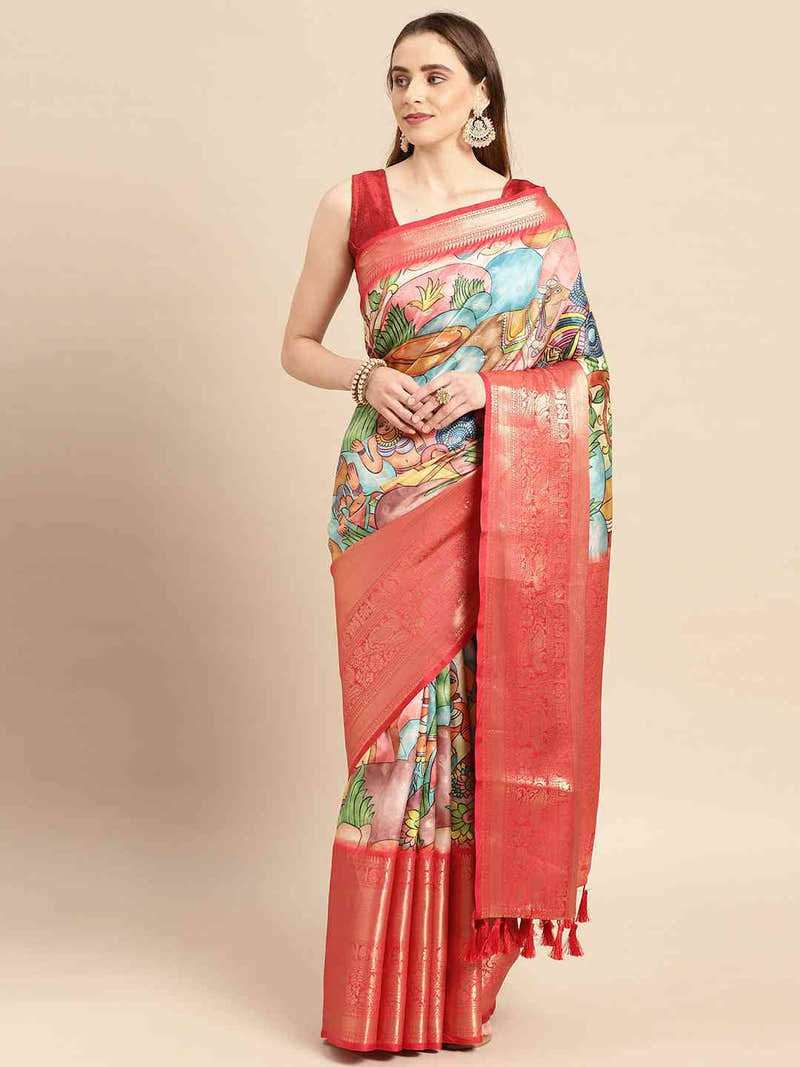Ivory Teal Green Kalamkari Banarasi Saree