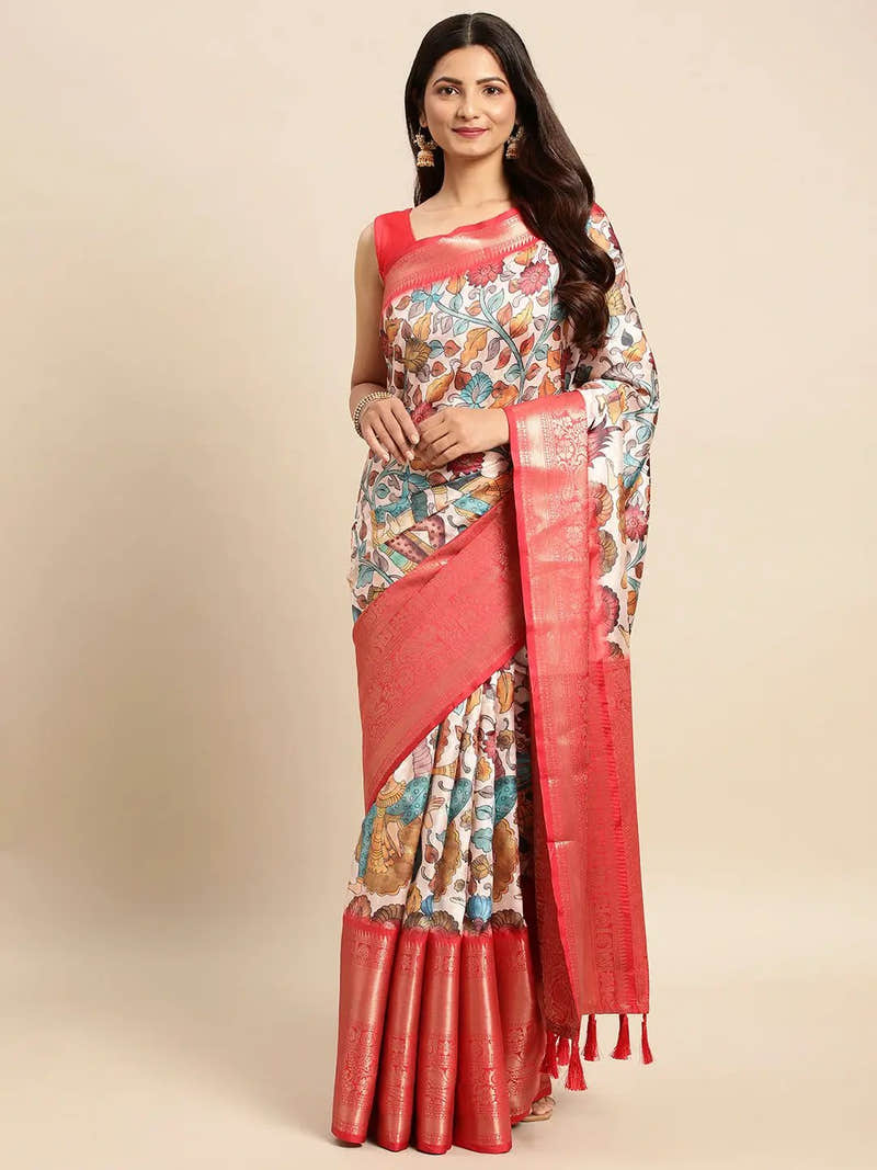 Cream Multicolour Kalamkari Banarasi Saree