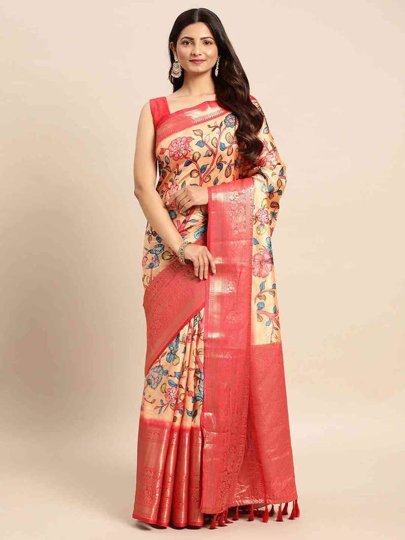 Ivory Yellow Floral Kalamkari Banarasi Saree