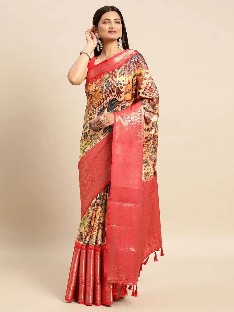Rust Brown Kalamkari Pattu Banarasi Saree