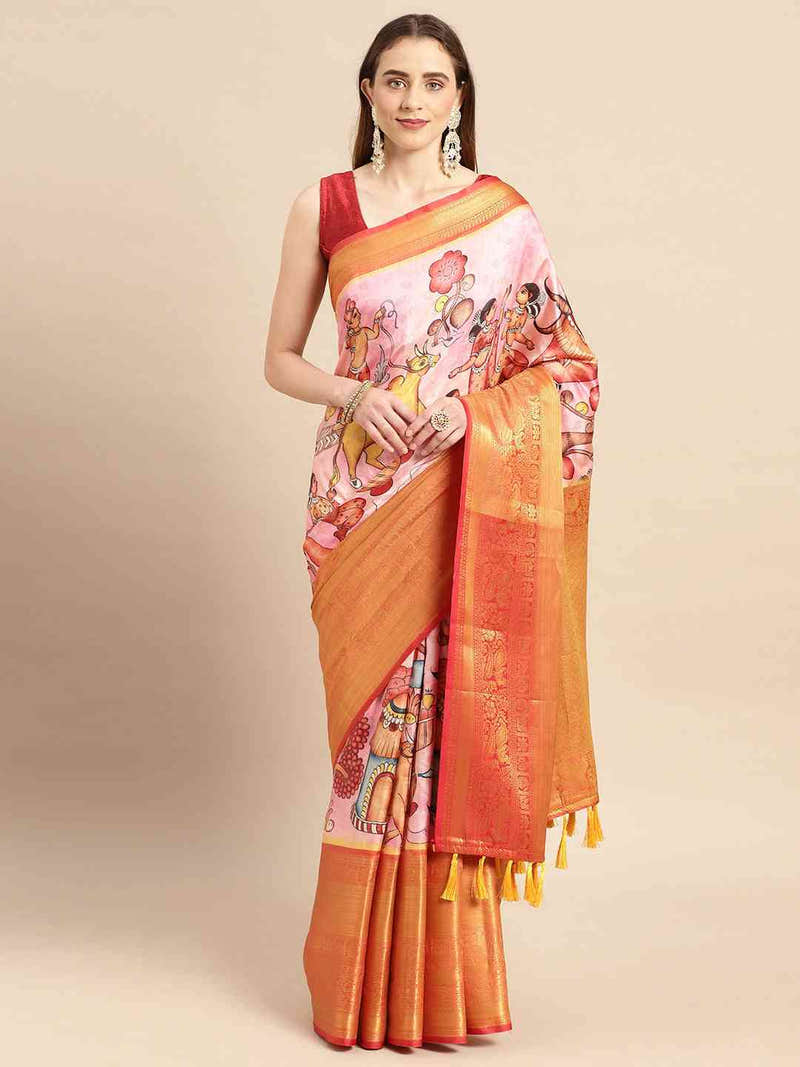 Blush Coral Kalamkari Banarasi Saree