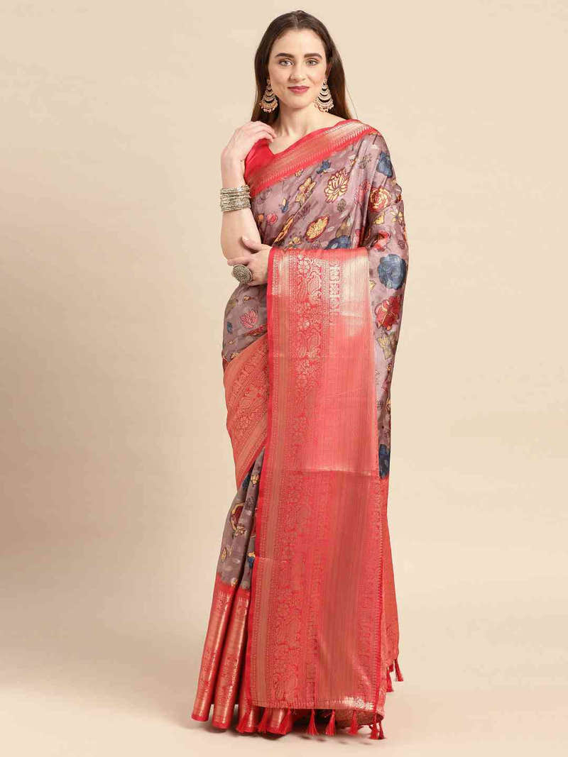 Lilac Grey Kalamkari Pattu Banarasi Saree