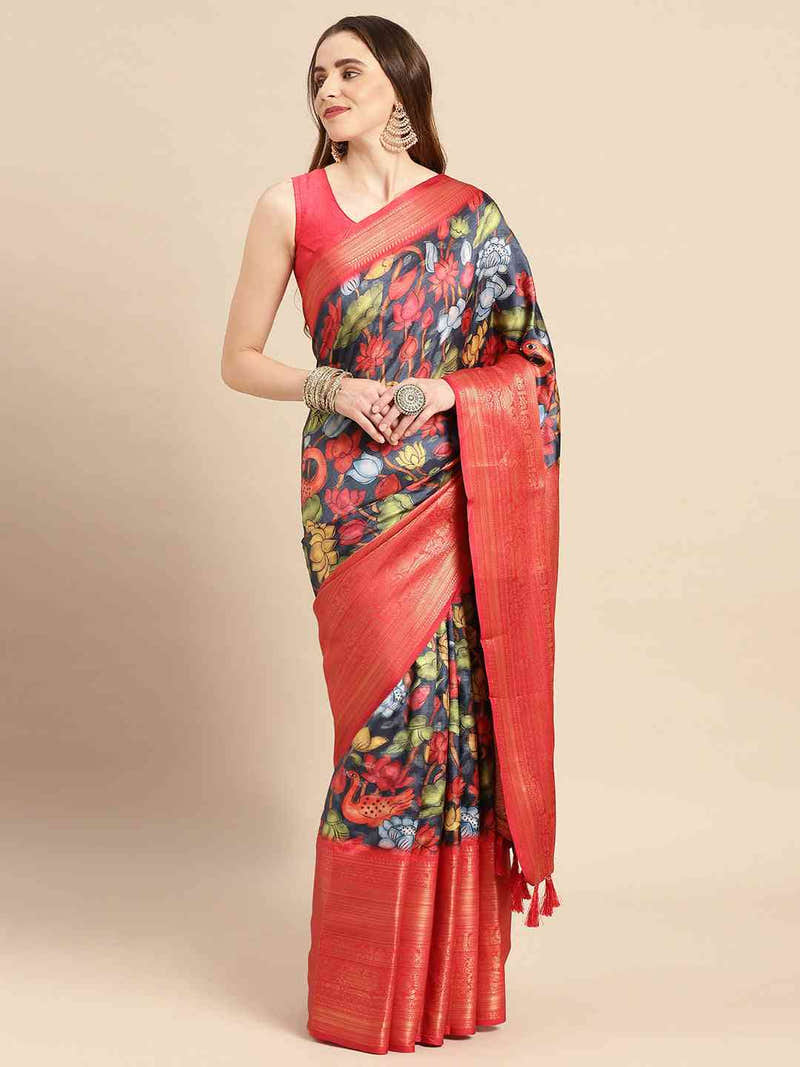 Charcoal Bold Floral Kalamkari Banarasi Saree