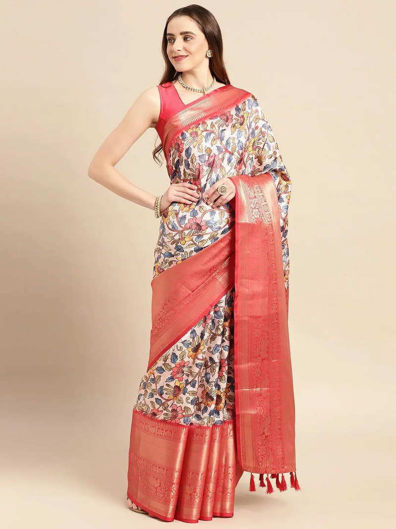 Ivory Muted Floral Kalamkari Banarasi Saree