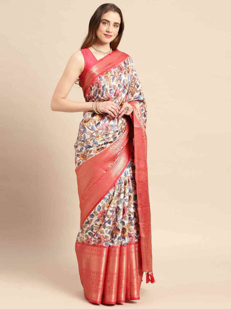 Ivory All Over Floral Kalamkari Banarasi Saree