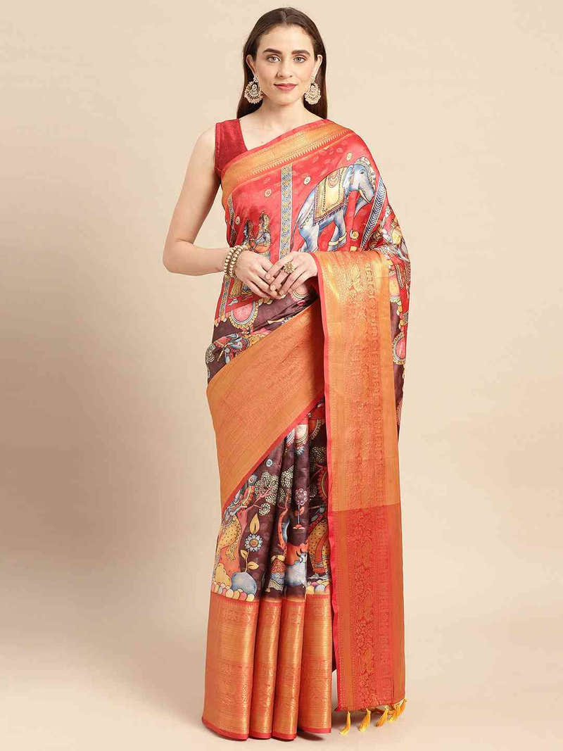 Grey Gold Kalamkari Pattu Banarasi Saree