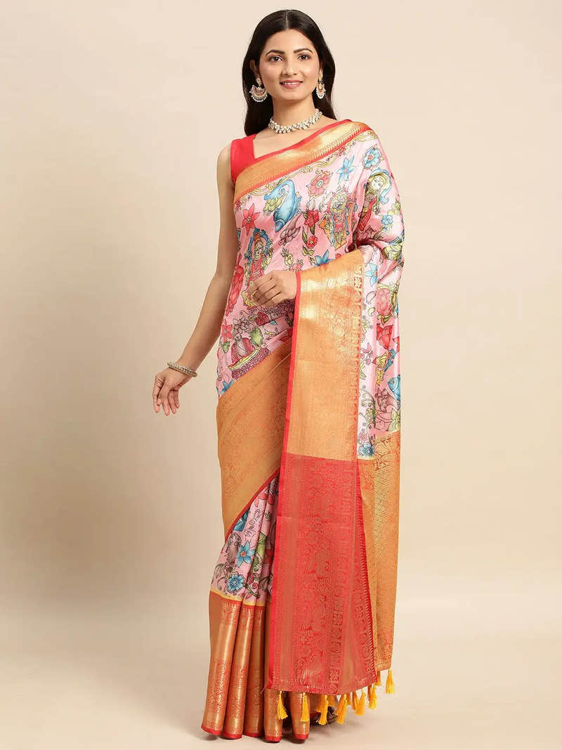 Ivory Orange Border Kalamkari Banarasi Saree