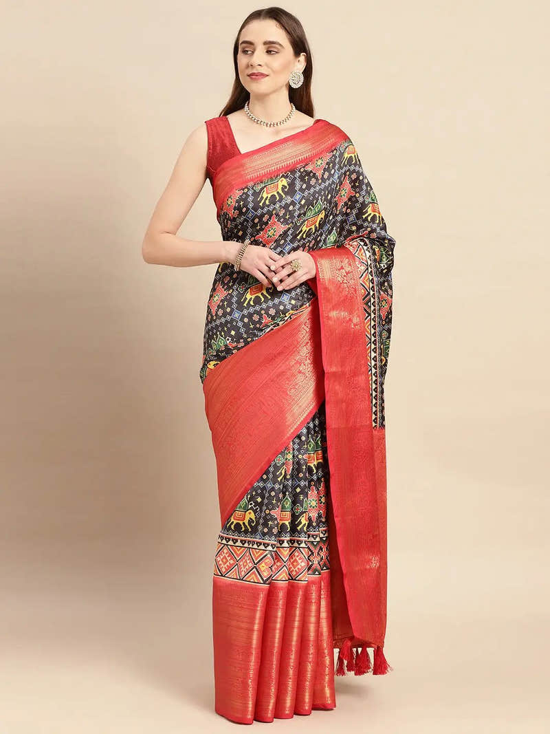 Black Elephant Kalamkari Banarasi Saree