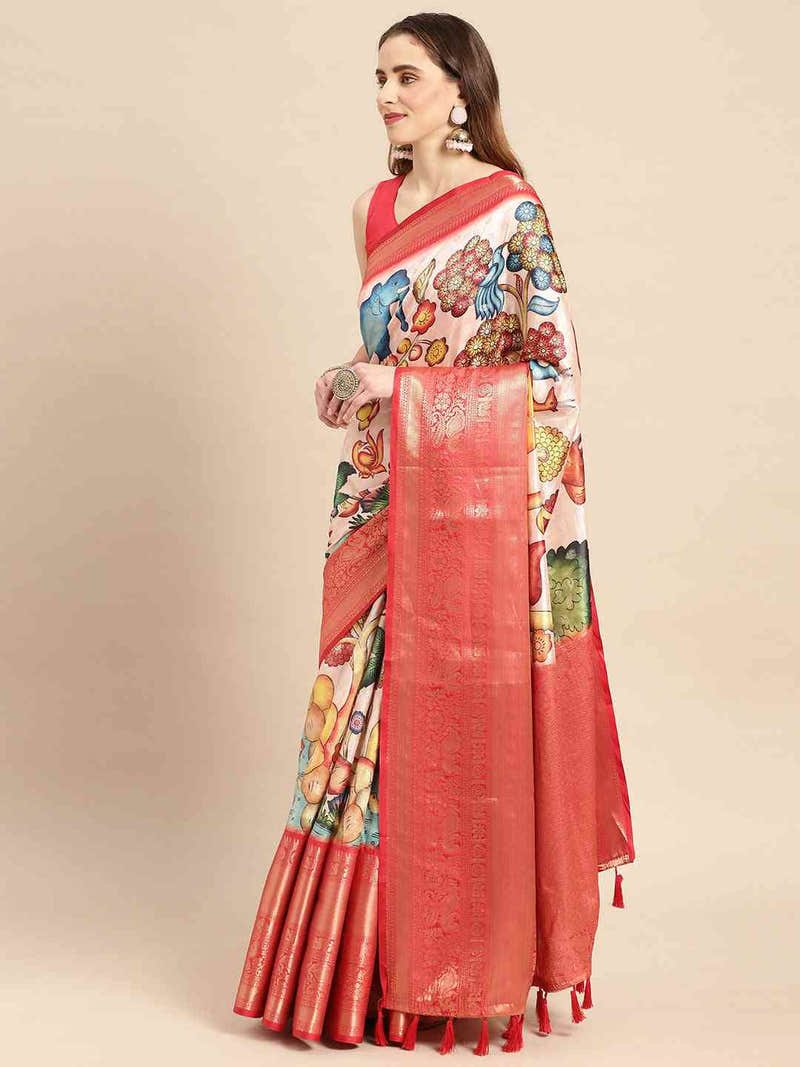 Ivory Elephant Kalamkari Banarasi Saree