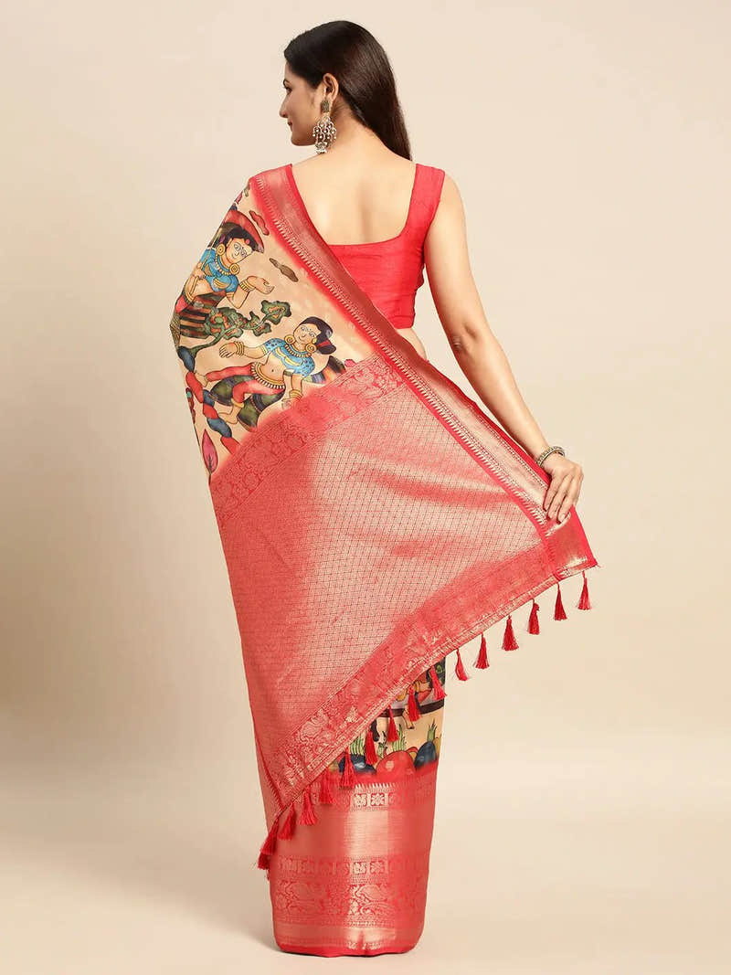 Cream Bird Motif Kalamkari Banarasi Saree