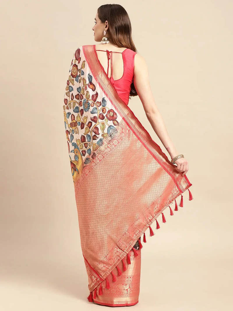 Ivory Dense Print Kalamkari Banarasi Saree