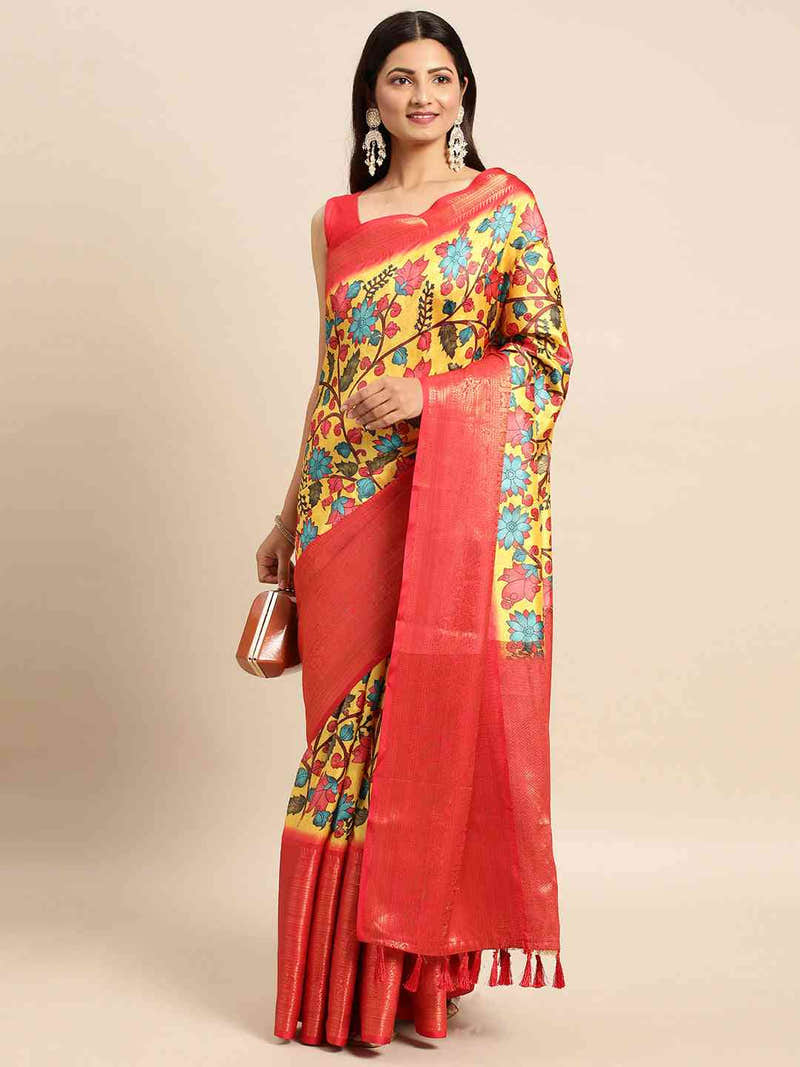 Ivory Yellow Kalamkari Banarasi Saree