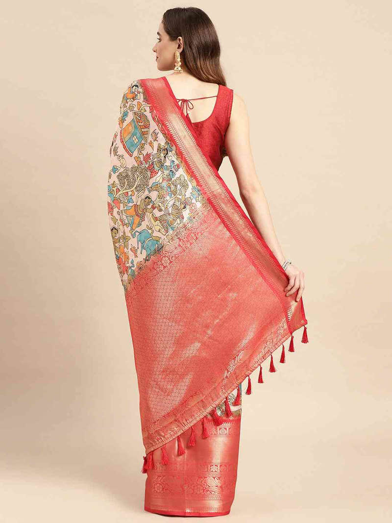 Kalamkari Zari Silk Blend Banarasi Saree in Peach Colour