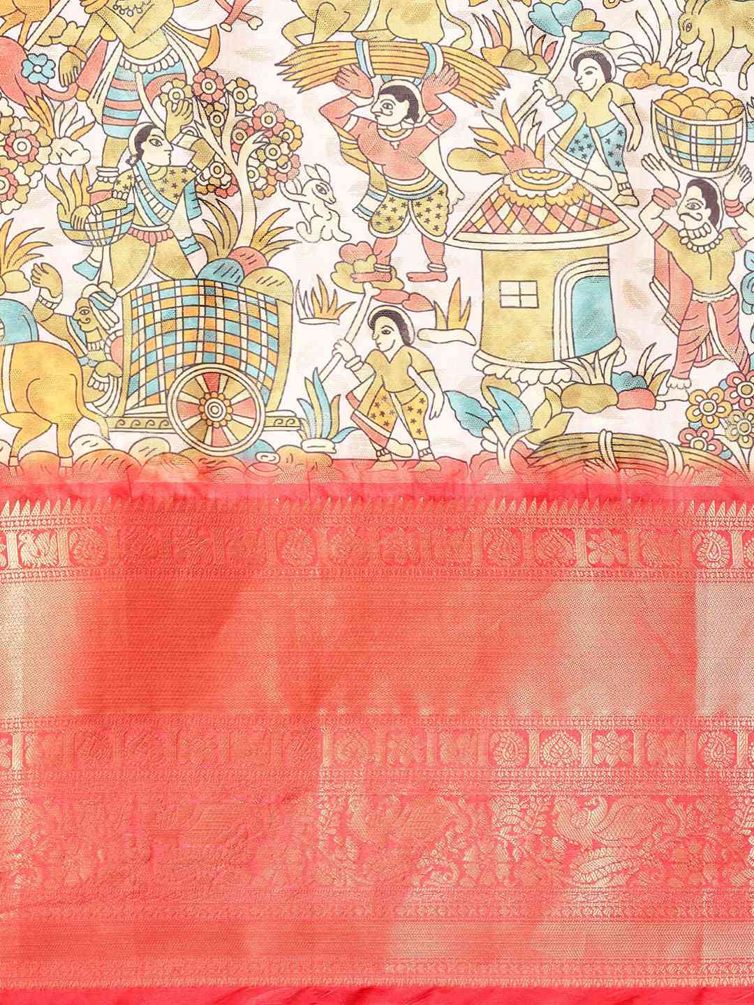 Peach Kalamkari Zari Silk Blend Banarasi Saree