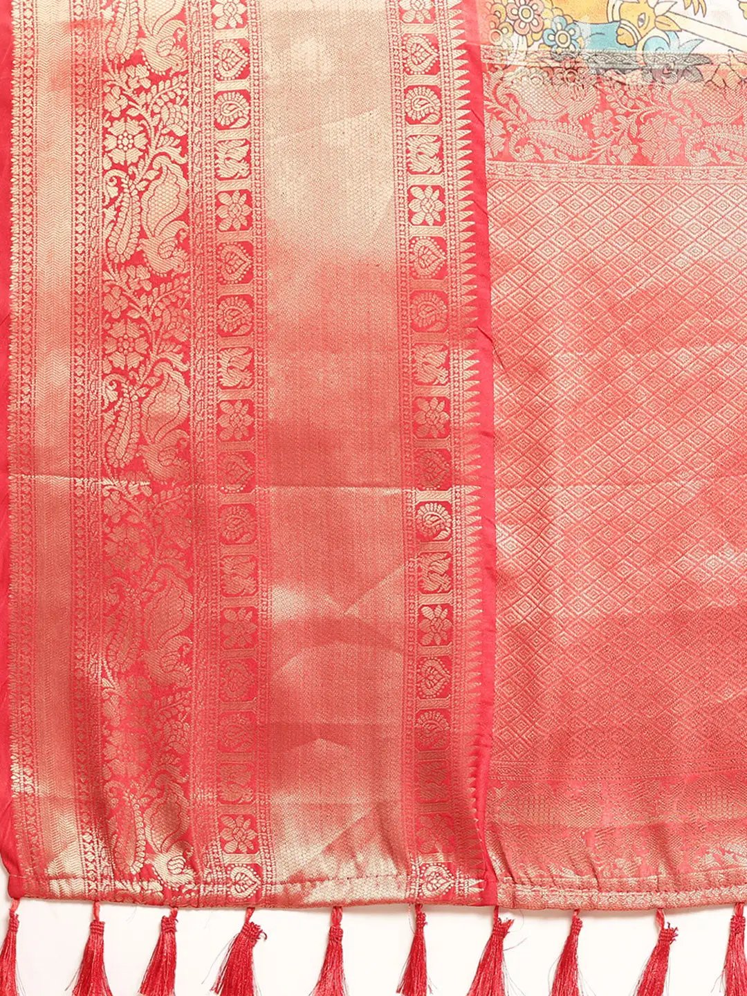 Peach Kalamkari Zari Silk Blend Banarasi Saree