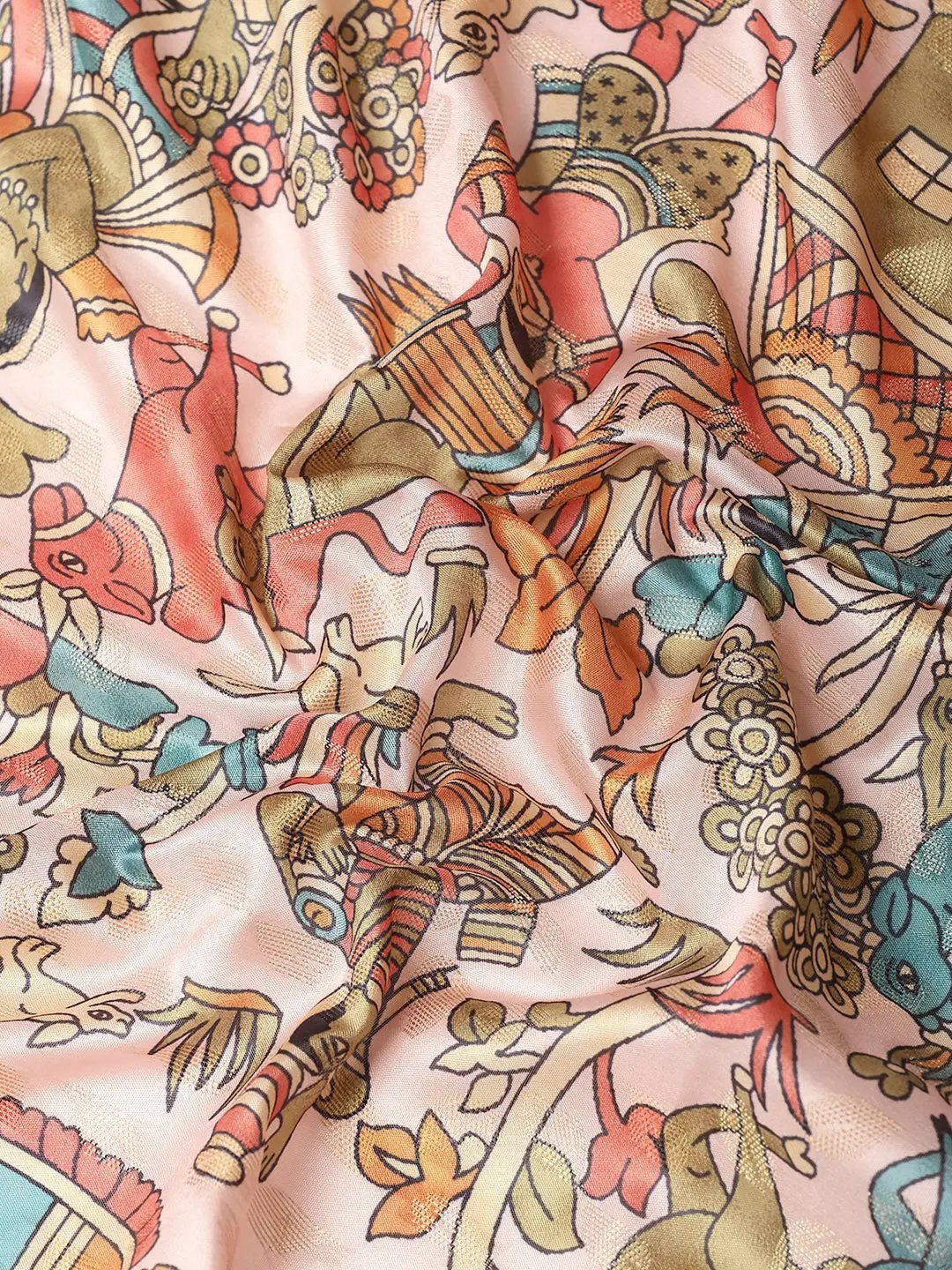 Peach Kalamkari Zari Silk Blend Banarasi Saree