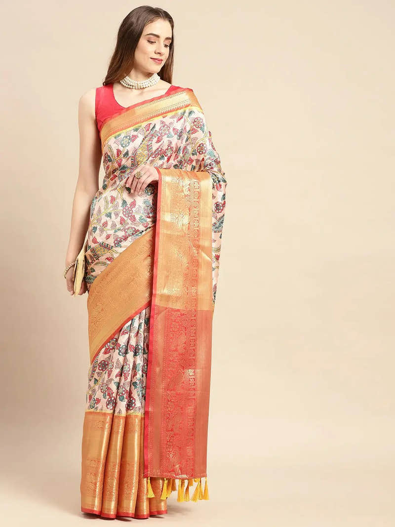 Peach Gold Kalamkari Pattu Banarasi Saree