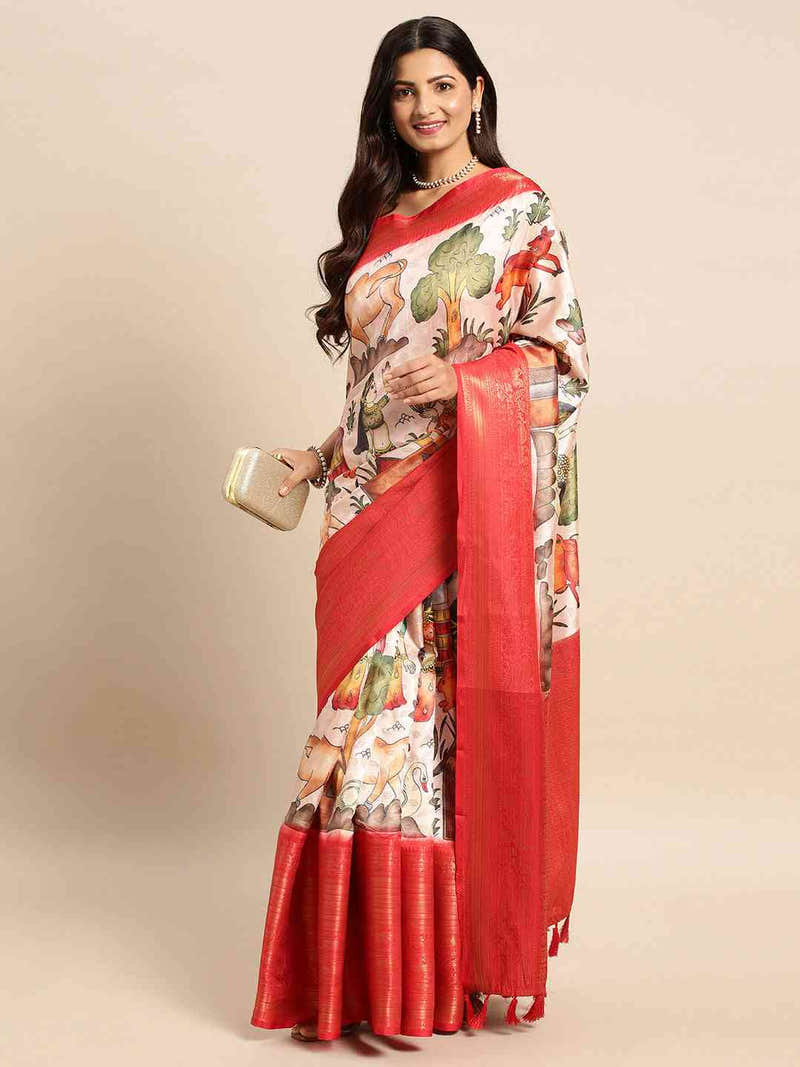 Ivory Light Kalamkari Pattu Banarasi Saree