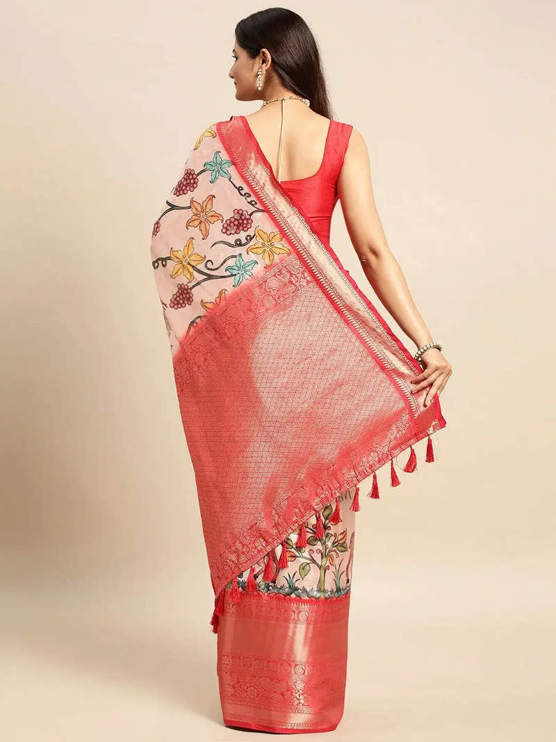 Ivory Soft Kalamkari Pattu Banarasi Saree