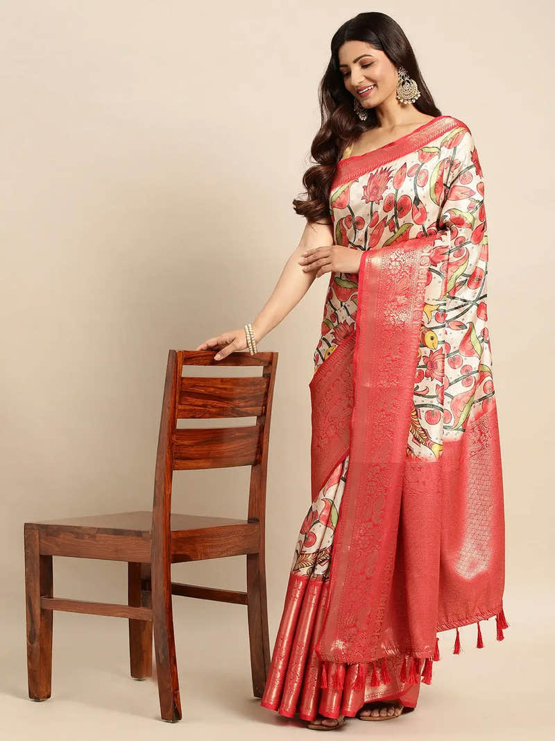 Ivory Large Floral Kalamkari Banarasi Saree