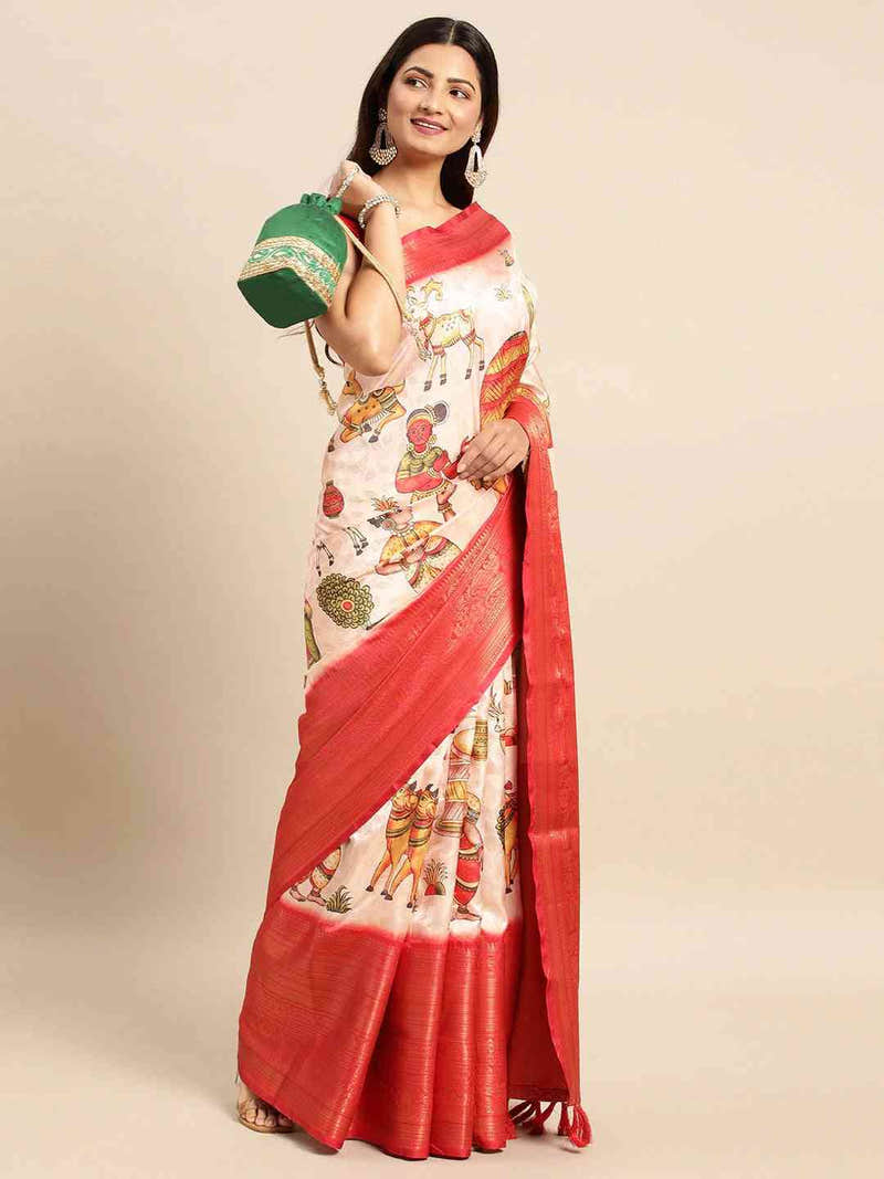 Ivory Green Kalamkari Pattu Banarasi Saree