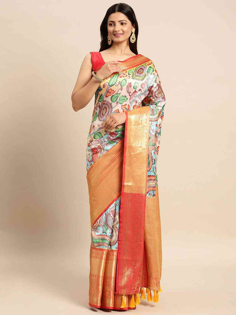 Cream Peach Kalamkari Banarasi Saree