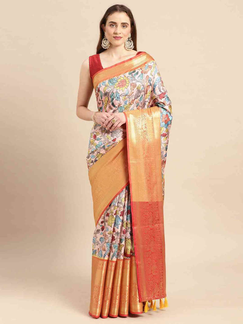 Ivory Kalamkari Pattu Banarasi Silk Saree