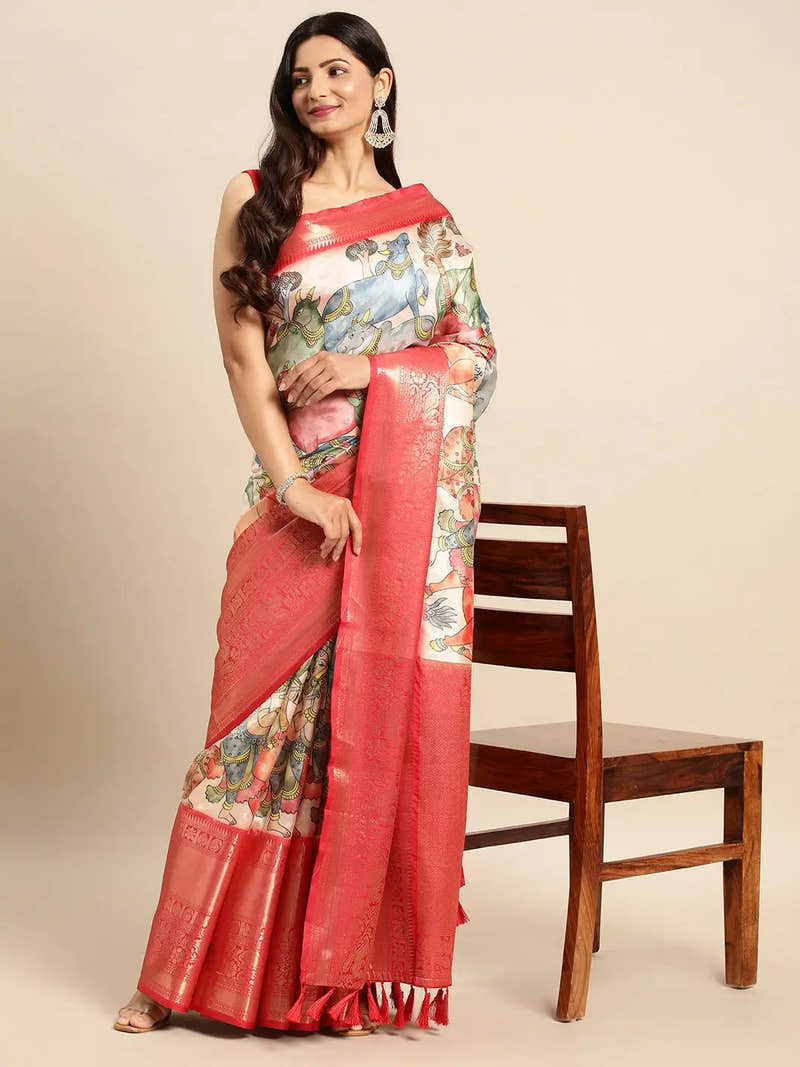 Grey Ivory Kalamkari Pattu Banarasi Saree