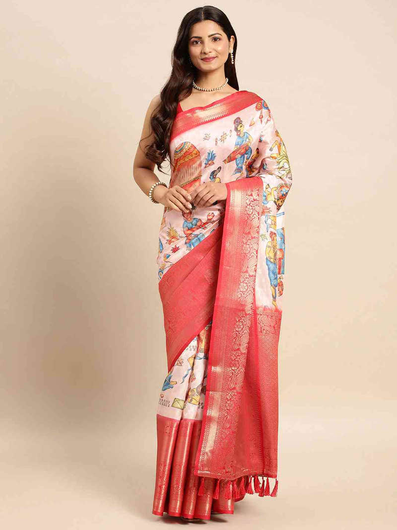 Ivory Figurative Kalamkari Banarasi Saree