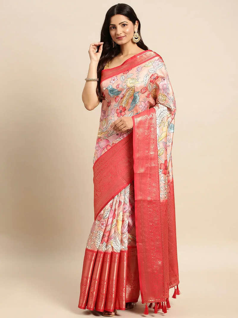 Ivory Muted Kalamkari Pattu Banarasi Saree