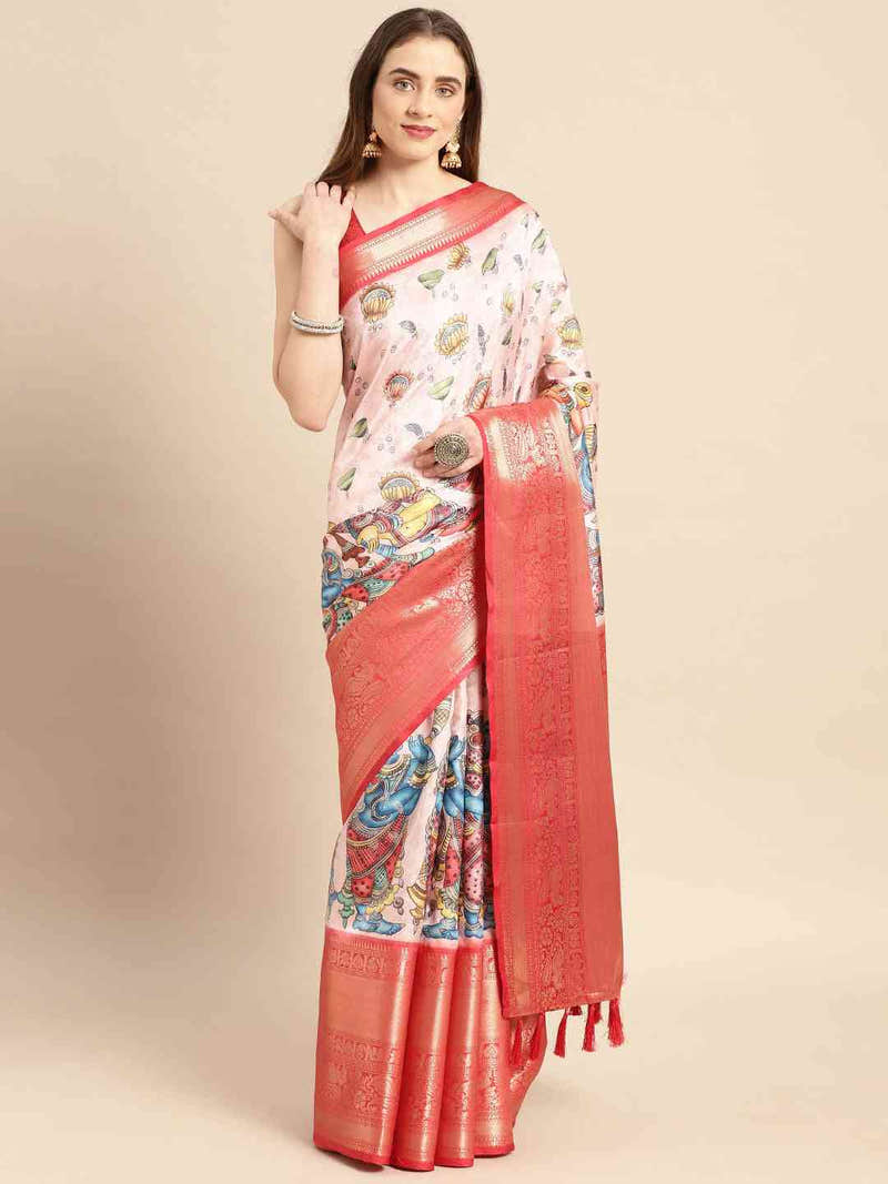 White Pastel Kalamkari Banarasi Saree