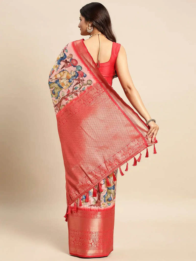 Ivory Bold Floral Kalamkari Banarasi Saree