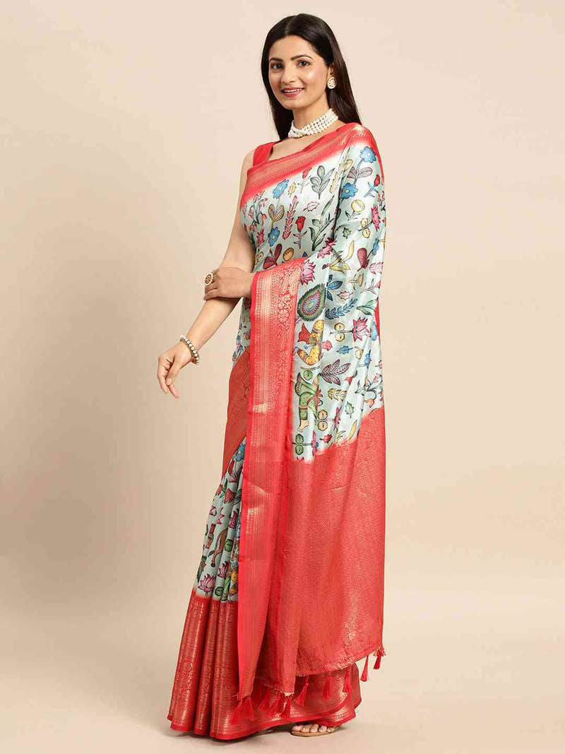 Pale Grey Kalamkari Pattu Banarasi Saree