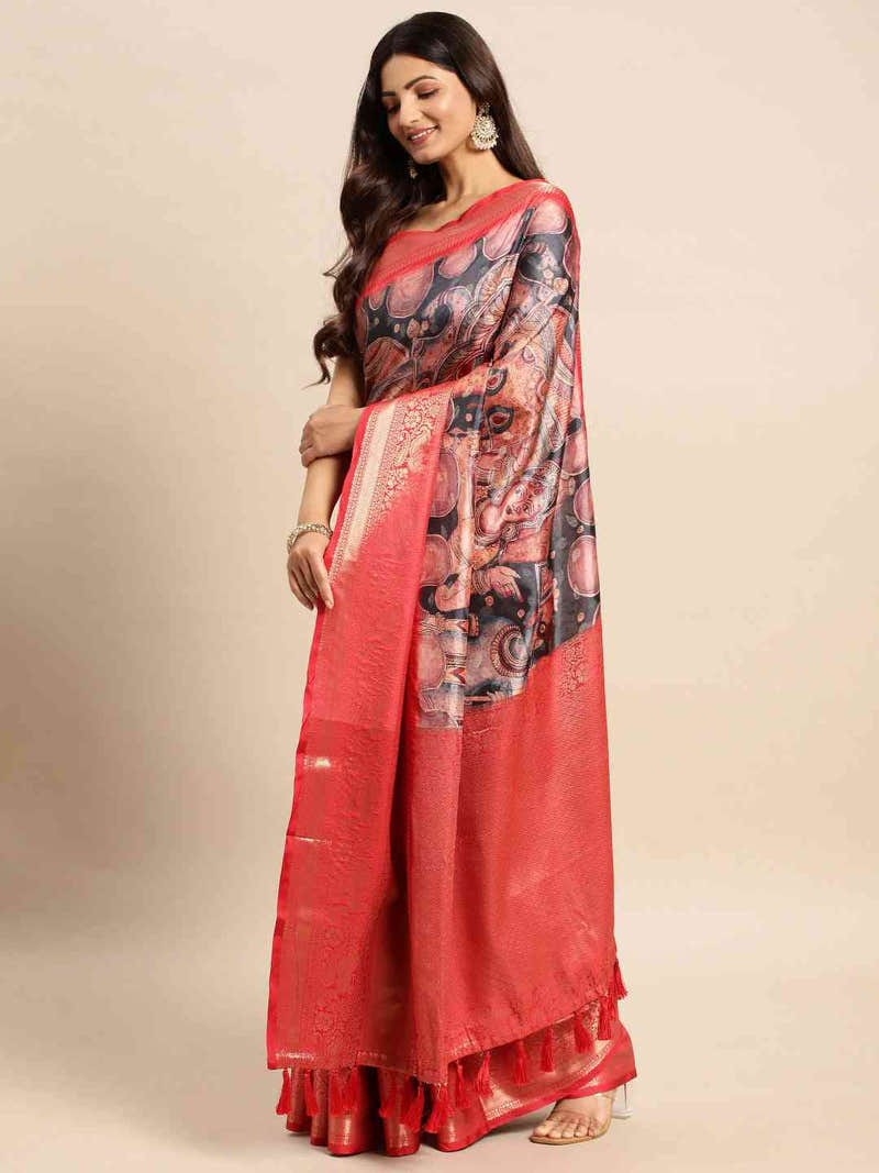 Slate Blue Kalamkari Pattu Banarasi Saree