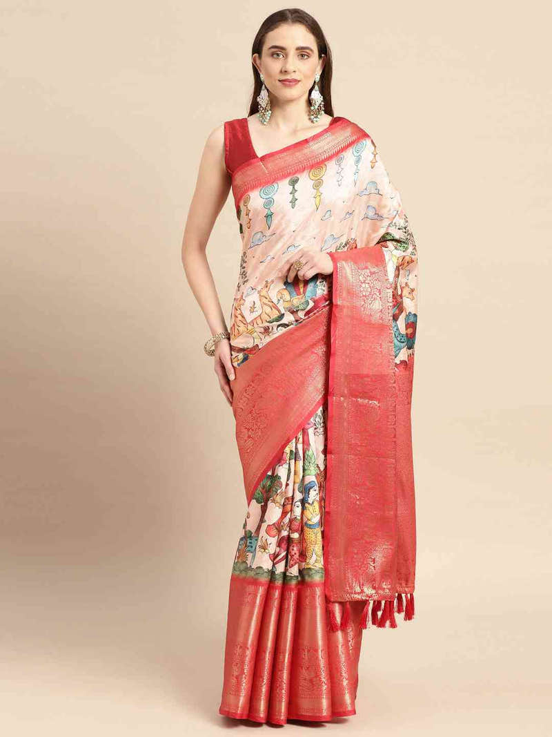 Blush Peach Kalamkari Banarasi Saree