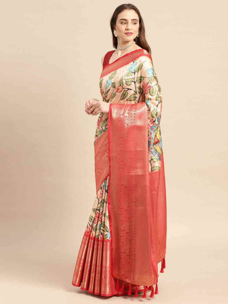 Ivory Fine Floral Kalamkari Banarasi Saree