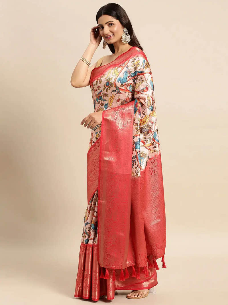 Cream Zari Border Kalamkari Banarasi Saree