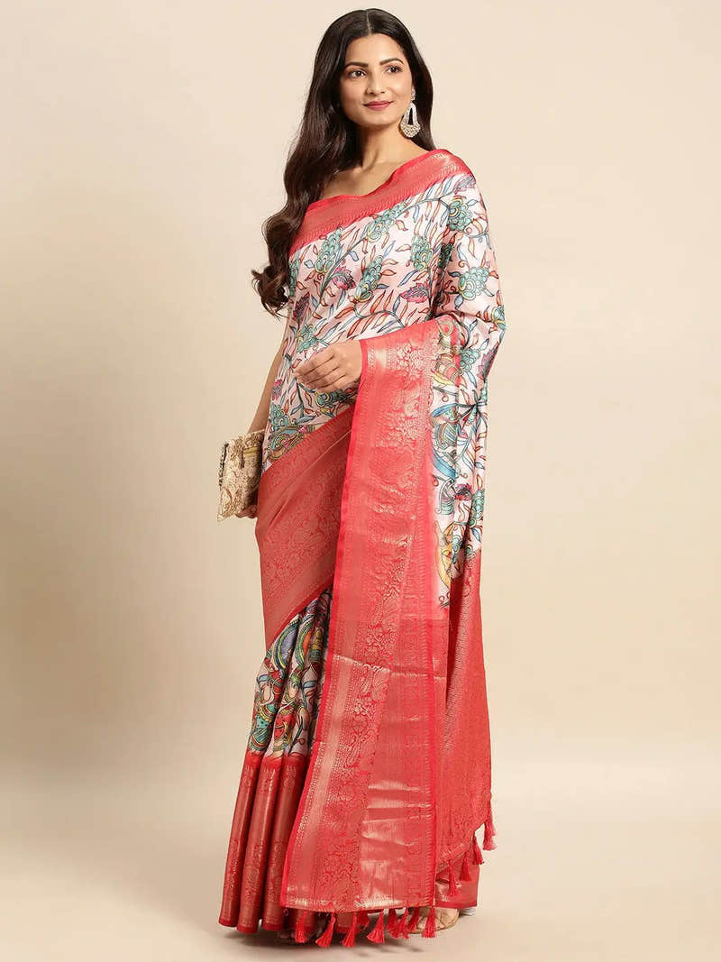 Ivory Teal Kalamkari Pattu Banarasi Saree