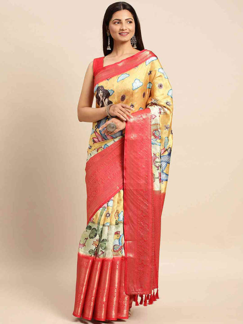 Mustard Gold Kalamkari Banarasi Saree