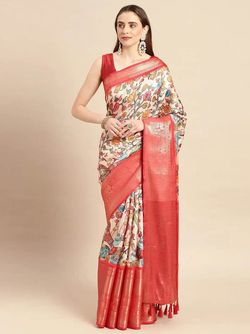 Cream Kalamkari Pattu Banarasi Silk Saree