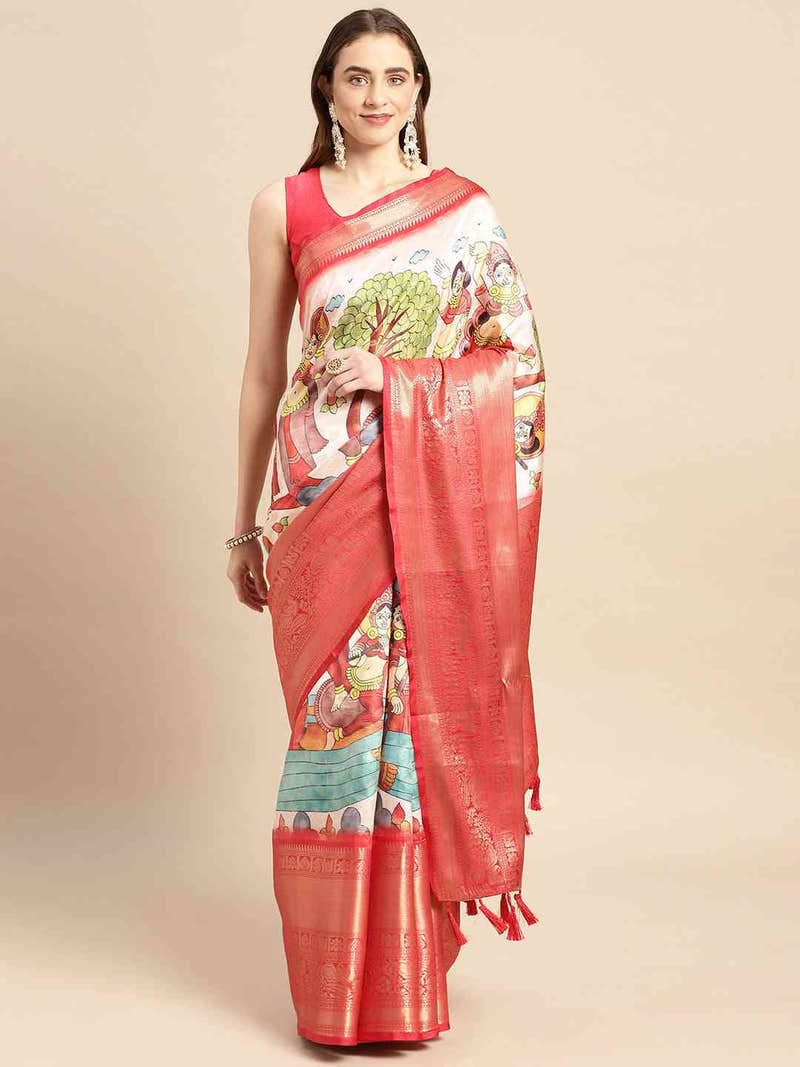Ivory Tree of Life Kalamkari Banarasi Saree