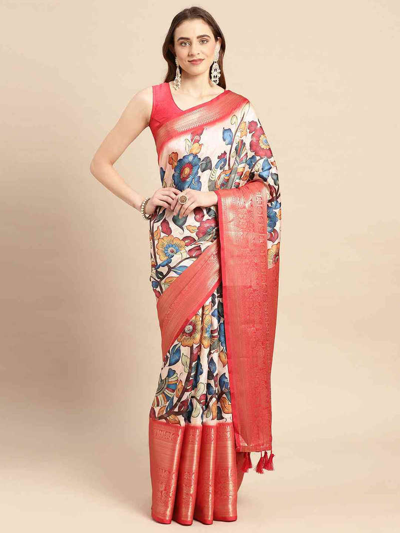 Ivory Multicolour Kalamkari Banarasi Saree